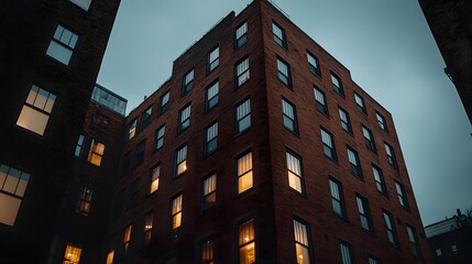 Towering Red Brick Building Against Moody Sky in Urban Environment