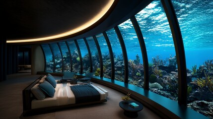 Underwater residential design ocean habitat luxury living space futuristic aquatic environment serene viewpoint