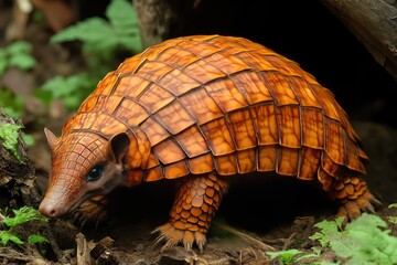 Obraz premium A vibrant, close-up image of an armadillo in a lush forest setting, showcasing its unique shell and surroundings