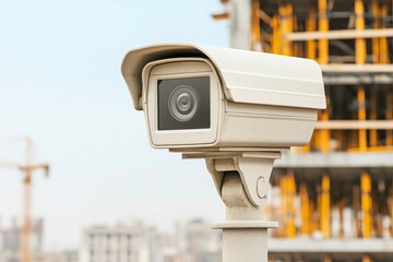 A surveillance camera is positioned at a construction site, monitoring activities and enhancing security in the area.