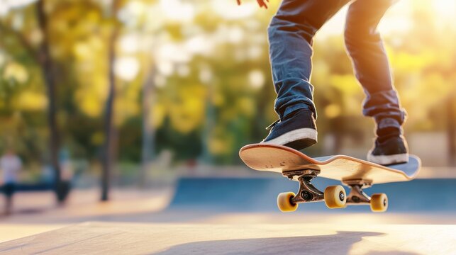 A skateboarder performs a trick in a sunlit park, showcasing skill and style on a wooden skateboard.