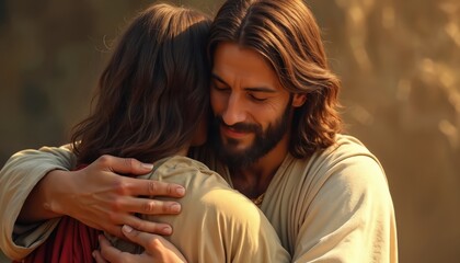 Jesus hugs woman. Savior embraces with love, compassion. Concept of faith, salvation, gospel, spirituality, christianity, redemption, blessing, comfort, grace, kindness, mercy, hope, joy.