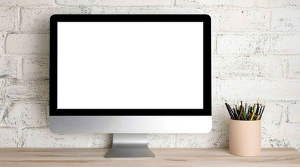 Fototapeta premium A sleek desktop monitor on a wooden desk with a brick wall background, featuring a blank screen and a container of pens.