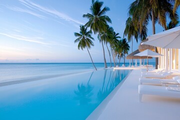 Fototapeta premium Stunning beachfront infinity pool with palm trees at sunset in a tropical paradise