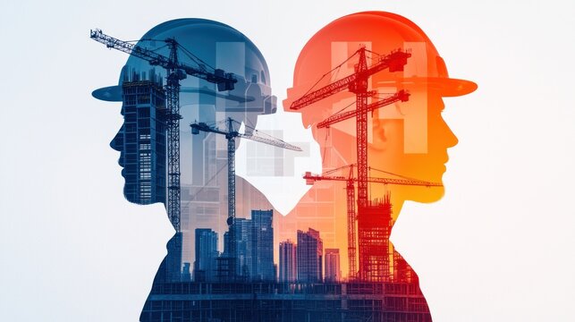 Two silhouettes double explosure of engineer construction workers, overlaid with cityscapes and cranes, symbolizing collaboration and development in the construction industry.