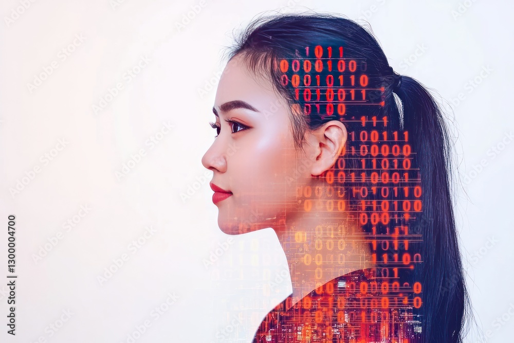Poster a profile of a young woman with digital binary code double explosure overlay, symbolizing the inters