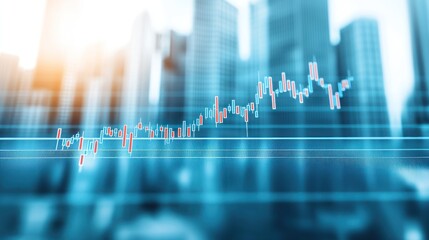 A digital representation of a stock market trend with rising graphs and modern skyscrapers in the background, symbolizing financial growth and investment.