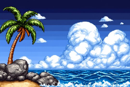 A pixel-art animated typhoon moving over a tiny island, with palm trees swaying in the wind