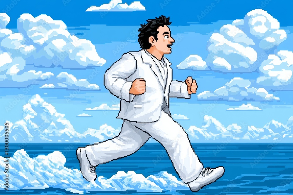 Aufkleber A pixel-art scene of a tiny character running away from a fast-moving avalanche in a retro 8-bit game style