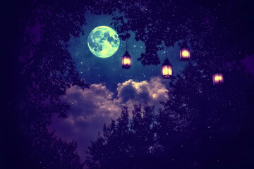 Fototapeta premium Enchanting nighttime scene featuring a large full moon, silhouetted trees, and glowing lanterns hanging from branches. Perfect for fantasy, fairytale, or magical themes.