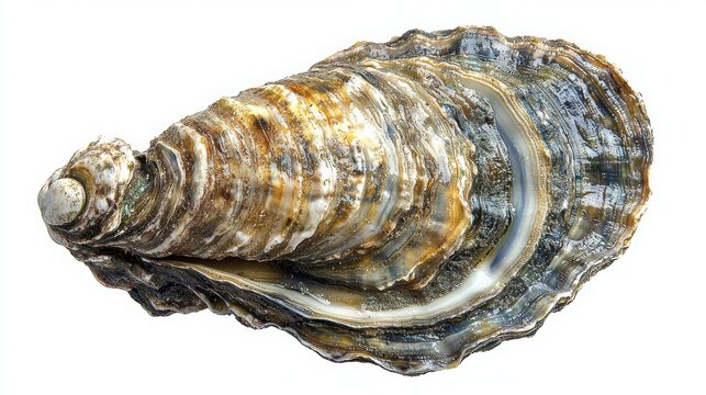 An oyster on a white background with a focus on intricate details and natural texture of the shell
