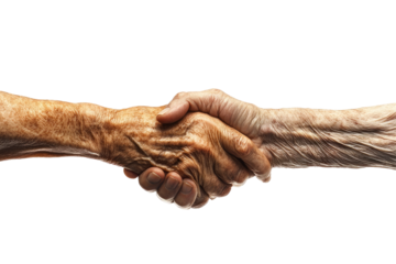 A close-up handshake between two older individu on transparent background
