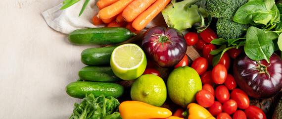 Assortment of fresh organic vegetables in rainbow colors.