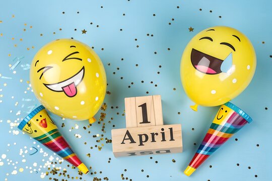 A festive April Fool’s Day composition featuring two yellow balloons with expressive emoji faces—a winking tongue-out face and a laughing face with tears of joy