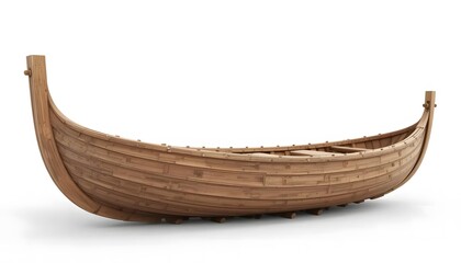 Obraz premium A Sturdy Wooden Boat, Ready For Adventure On Calm Waters, Showcasing Its Intricate Craftsmanship And Natural Wood Grain Against A Clean White Background