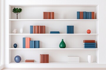 Contemporary Minimalist Shelving Display With Colorful Books And Art Objects, Perfect For Zoom Backgrounds In Home Office Setting