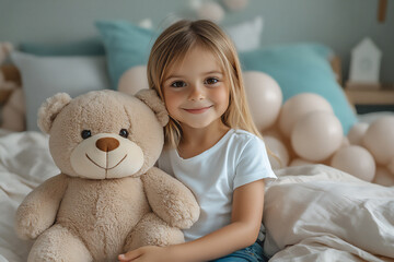 a cute little girl with blonde hair is hugging her teddy bear.