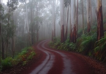 Obraz premium Winding red dirt road curves through a misty eucalyptus forest.