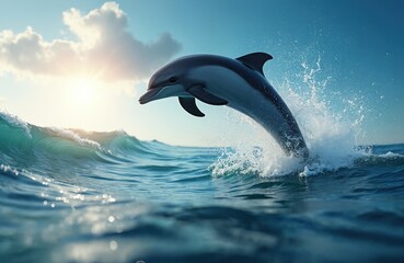 Fototapeta premium Gorgeous dolphin jumps from ocean wave in sunny day. Oceanic mammal flips, grabs air. Smart bottlenose swims in clean water. Marine wildlife with splash, natural habitat. Underwater animal life at