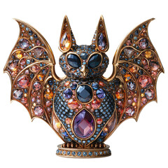 Naklejka premium Shiny Gold Sculpture of a Colorful Bat Adorned with Sparkling Gems and Intricate Details