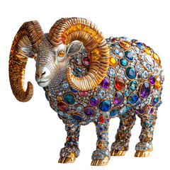 Obraz premium Stunning Shiny Gold Sculpture of Bighorn Sheep Adorned with Colorful Gemstones and Intricate Detail
