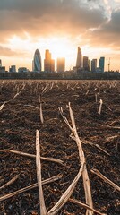 City Skyline at Sunset Over Brown Field