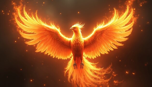 Majestic glowing phoenix with spread wings in vibrant red and orange flames. Fiery bird emanating heat and energy against dark background, light bursts. Symbol of rebirth, hope, and transformation.