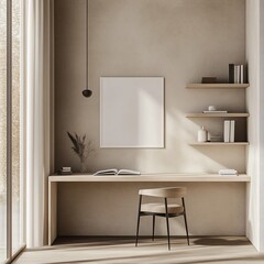 Fototapeta premium Minimalist home office with light wood desk, chair, shelves, and blank canvas.