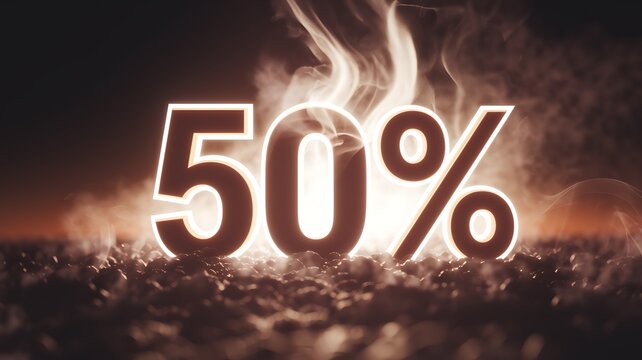 Fifty Percent Off: Glowing 50% discount sign amidst smoky, dark background, symbolizing a hot deal or limited time offer.