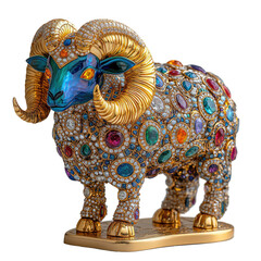 Obraz premium Vibrant Gold and Colorful Jewel-Encrusted Sculpture of a Blue Sheep with Detailed Textures and Shiny Finishes