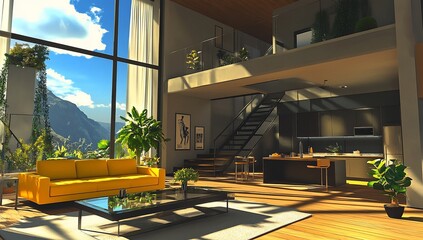 Fototapeta premium Sunlit modern open-plan home interior with yellow sofa, large windows, mountain view, plants, and wooden floors.