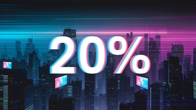 Discount Alert: A captivating digital illustration showcasing a bold "20%" graphic over a stylized cityscape background, creating a sense of modern urgency and impactful messaging.