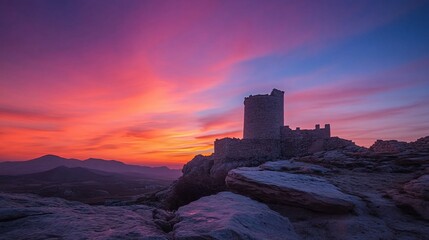 Fototapeta premium Majestic sunset over ancient stone tower ruins atop rocky mountain peak.