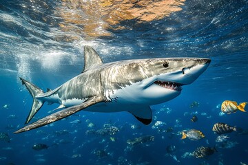 Fototapeta premium Great white shark swimming underwater, surrounded by smaller fish.
