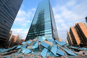 Naklejka premium A shattered glass skyscraper reflecting the devastation of an earthquake in a major city