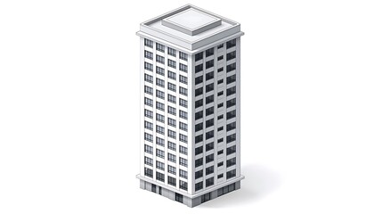 Isometric illustration of a corporate office tower with sharp geometric shapes, soft shadows creating depth, light grey tones blending into a white background, minimalist yet elegant design
