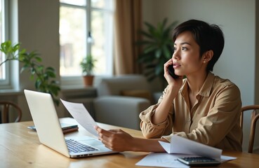 Young pensive Asian woman sits at table with laptop, holds papers, talks by phone at workplace. Businesswoman planning project. Girl solves working task, browsing web. Freelancer at home.