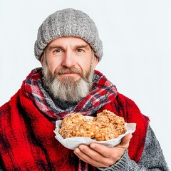 Mature Man Holding Plate Of Baked Goods