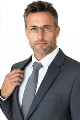 Mid Adult Man In Gray Suit And Tie With Glasses