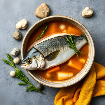 salmon fish soup with fish head. on a gray background and sea stones as a symbol of the sea. Nordic style food. loaches malma and kundzha. Loach - a sort of salmon. copy space. top view.
