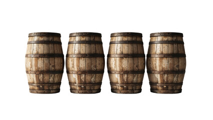 Obraz premium Vintage weathered barrels made from vertical planks and light metal bands, aged wood storage containers on transparent background