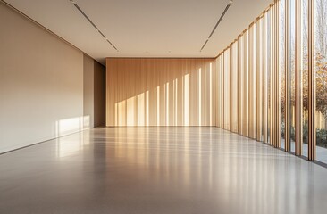 Obraz premium Sunlit minimalist empty room with wooden wall and large window.