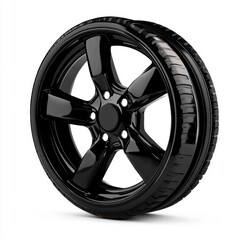 Obraz premium Glossy Black Five Spoke Rim Tire on White Background