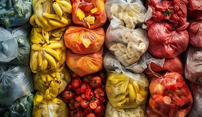 Colorful bags of various fruits and vegetables arranged in rows.
