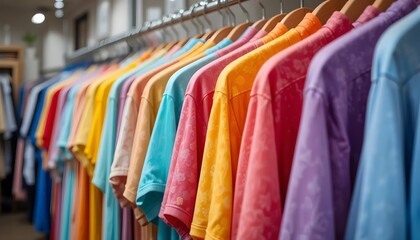A Vibrant Rainbow Of Pastel Shirts Hanging In A Cheerful Boutique, Showcasing Soft Textures And Subtle Tie-dye Patterns In A Gentle Light