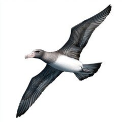 Grey and White Seabird in Flight Against White Background
