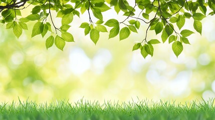 Green Leaves and Grassy Background In Bright Sunlight