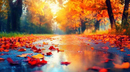 Autumn Leaves on Scenic Water Surfaces by Trails