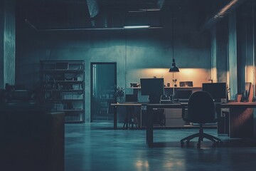 Dark, moody office interior with desks, computers, and shelving.