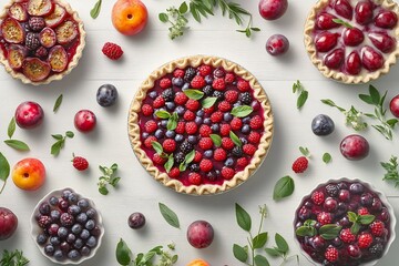 Overhead shot of assorted fruit pies and fresh berries arranged on a white wooden surface.